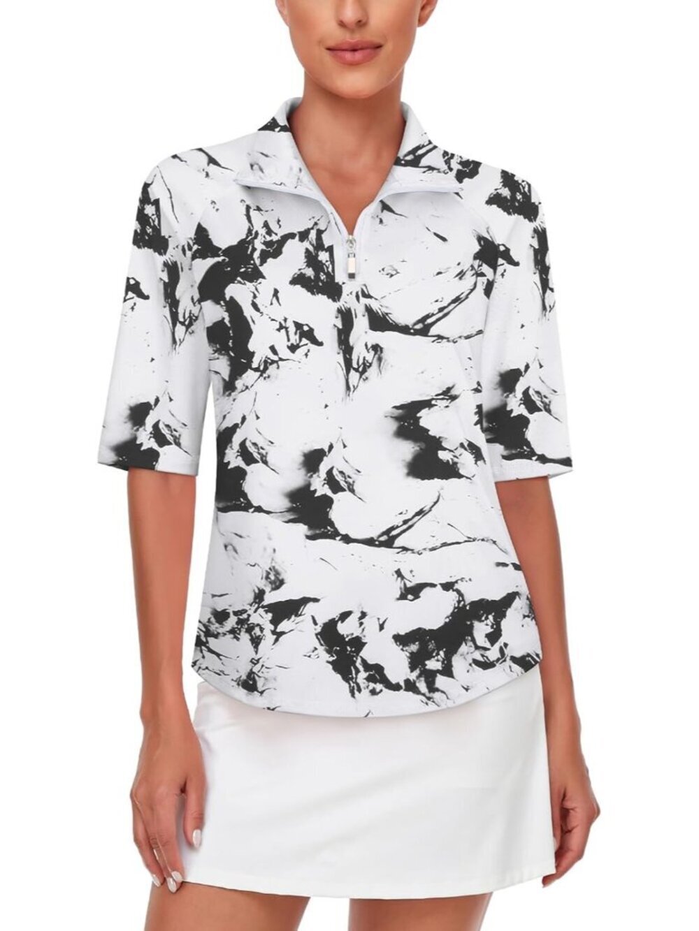 Womens White-tie Dye Golf Shirt Quick Dry Half Sleeve 1/4 Zip Tennis Top M-3XL